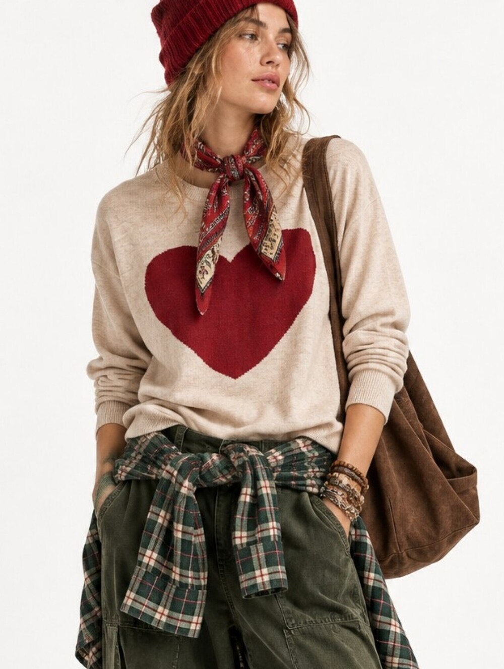 Splendid Heart Tan Sweater Valentine Long Sleeve